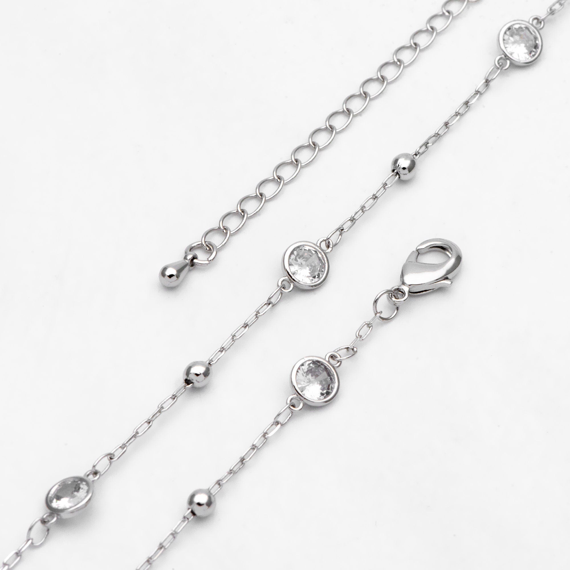 Adjustable Necklace with Extender, Rhodium plated Brass, CZ Pave Beaded Chain, 16-18 inch, Ready to Wear (#LK-338-2)
